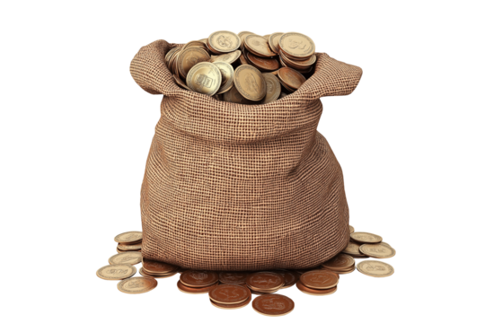 Realistic 3D render of a money bag overflowing with gold coins and a dollar symbol, isolated on a transparent or white background, ideal for finance themes.