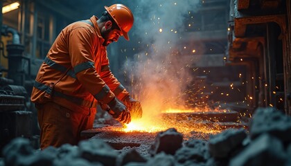 Worker in orange workwear melts aluminium metal. Metal industry worker in metallurgical plant, smelting shop. Sparks, flames, industrial production, safety. Metalworking, manufacturing, steel