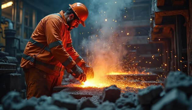 Worker in orange workwear melts aluminium metal. Metal industry worker in metallurgical plant, smelting shop. Sparks, flames, industrial production, safety. Metalworking, manufacturing, steel