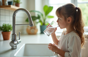 Obraz na płótnie Canvas Young child drinking fresh water from a glass at home kitchen. Girl holds glass, drinks clean water. Healthy lifestyle, hydration, refreshment. Household, indoor scene.