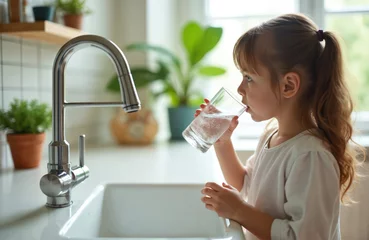 Fototapeten Young child drinking fresh water from a glass at home kitchen. Girl holds glass, drinks clean water. Healthy lifestyle, hydration, refreshment. Household, indoor scene. © Viktor