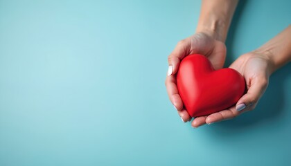 Obraz premium Woman hands hold red heart against blue backdrop. Health care, mental well-being, World health day theme. Charity, donation, love, hope, support, insurance, cardiology concepts.
