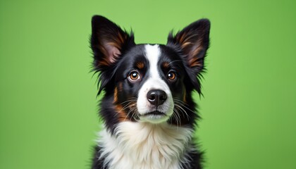 Fototapeta premium Portrait of attentive border collie puppy looks directly at camera. Cute dog with smart, serious expression on green backdrop. Domestic animal, pet, canine. Ideal for pet shop ads.