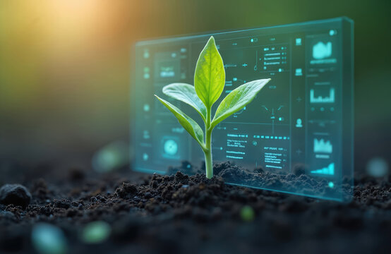 Young plant sprouts soil. Digital holographic data displays. Futuristic agriculture with growth monitoring. Green seedling grows through high tech digital interface. Environmental tech innovation