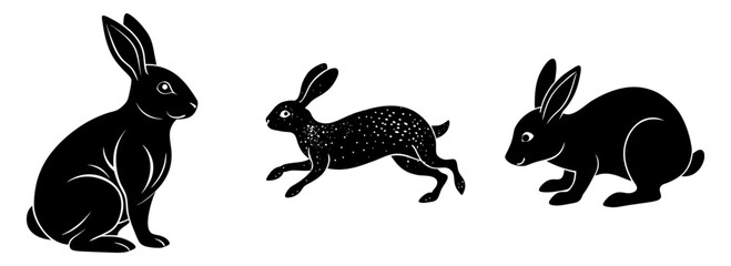 Silhouette set of three graphic hares vector drawing illustration black and white design