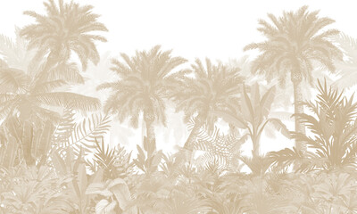 Subtle Nature Wall Mural: Faded Sepia Tropical Plants & Abstract Background