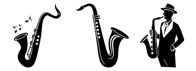 Silhouette set of saxophone musical instrument jazz band vector graphic design element art