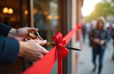 Hands cut red ribbon with gold scissors at store opening ceremony. People gather, excited, celebrating milestone event. New business entrance inauguration. Business opening moment. Success