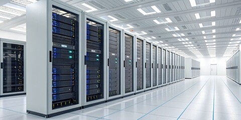 Data Center Rows of Servers in a Modern Facility, data, network