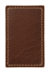 Brown leather label with stitching isolated on white 