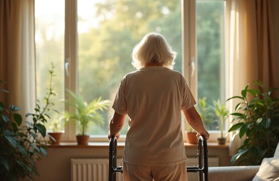Rear view senior woman with walking frame at home. Elderly lady looks out window, back to camera. Retirement living, support, care, healthcare. Aging, home, domestic life, senior citizen.
