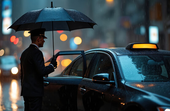 Chauffeur opens car door with umbrella. Taxi service in rain, offering luxury transport. Pro driver in uniform provides premium cab service. Booking, city ride.
