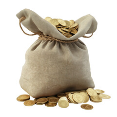 Realistic 3D render of a money bag overflowing with shiny gold coins and a dollar symbol, isolated on a transparent or white background for finance visuals.