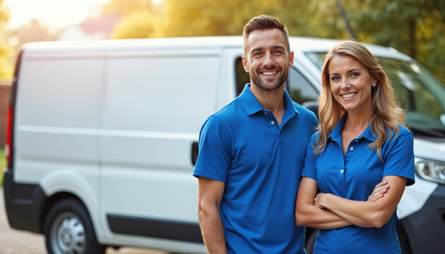 Smiling business owners stand by cleaning service van. Confident man and woman in blue casual attire. Entrepreneurship, partnership, teamwork, success, service, professionalism, community, quality.
