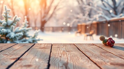 Winter Wonderland Snowy Backyard Scene with Wooden Tabletop for Holiday Product Display