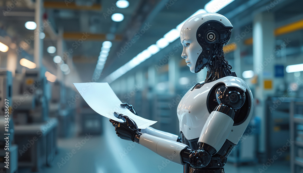 Aufkleber futuristic robot reviews documents quality control in industrial factory setting. artificial intelli