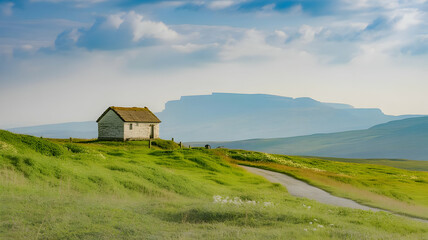 Small stone building on a green hill with a path leading away on a cloudy day in the countryside