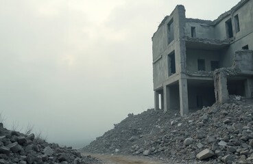 Abandoned concrete building ruin against grey sky. Pile of rubble, debris, war aftermath,. Post-apocalyptic scenario, destruction, desolation, demolition, earthquake damage, disaster, crumbling