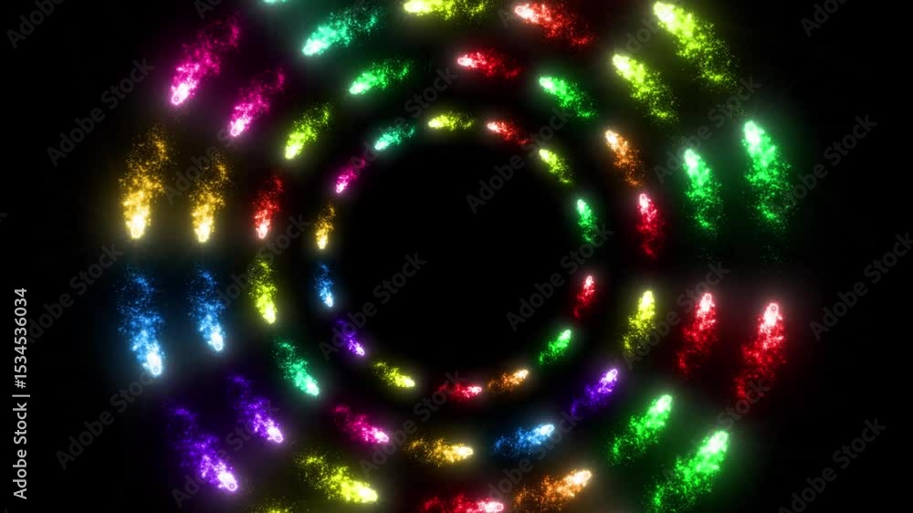 Poster colorful sparkling rings and particle tunnel animation,concentric rainbow sparkle circles on black,m