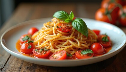 Gourmet spaghetti pasta with juicy tomatoes, fresh basil garnish. Delicious Italian cuisine dish with perfect presentation. Lunch, dining at restaurant. Vegetarian food, tasty meal, joy, sharing.
