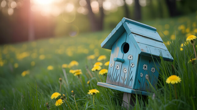 A light blue birdhouse with flower designs in a field of dandelions at sunset in the countryside