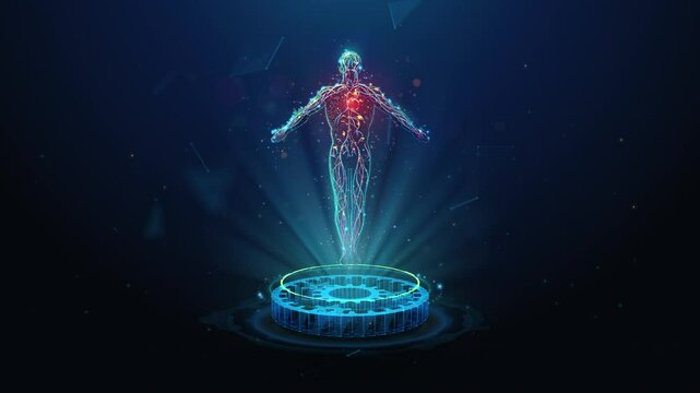 Healthy Human Body Holographic Projection over Spinning Gears in Center Abstract Seamless Animation.Health computer diagnostic in healthcare medical industry animated looped concept on blue background