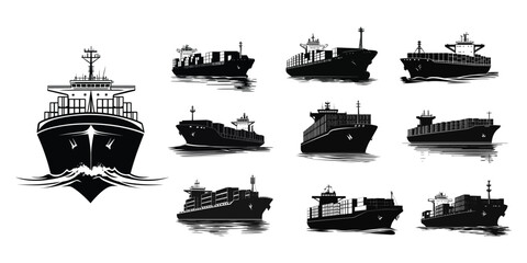 Container ship silhouette vector cargo vessel illustration set