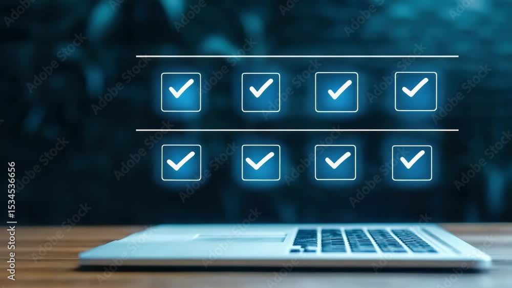 Poster a hand holds a pen next to a laptop, with digital checkmarks displayed above, symbolizing task compl