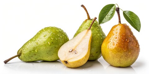 Fresh Pears with Water Droplets Green, Yellow and a Cut Half on White, Fruits, Healthy food
