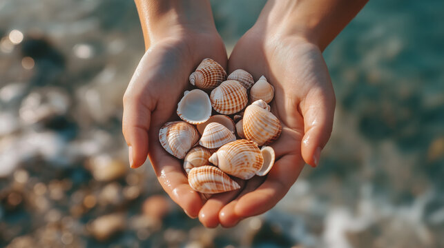 Close up on a female hands holds seashells on a bokeh beach background