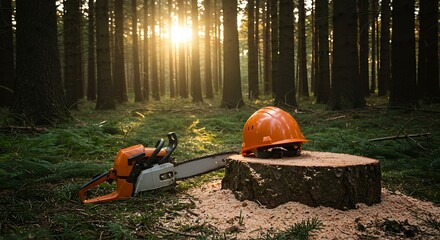 The stark contrast of an orange safety helmet and a powerful chainsaw against the dark, mystical backdrop of a coniferous forest, with sun rays breaking through, evokes the atmosphere of diligent work