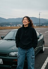 Joyful Woman with Classic Car A Portrait of Happiness and Automotive Passion