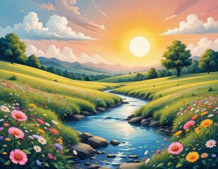 Un paisaje de acuarela sereno con un suave arroyo que corre a través de una exuberante pradera, rodeado de vibrantes flores silvestres, un cálido sol brillando