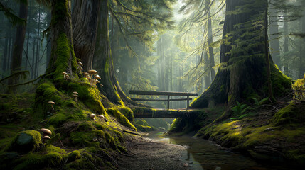 Ancient Forest Stream with Twisted Roots and Mushrooms