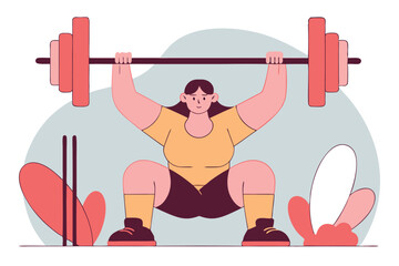 Barbell squat exercise vector art, woman weightlifting in gym with proper form, fitness training and strength workout illustration