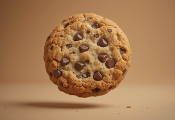Sweet Treat in Mid-Air: A close-up shot of a delectable chocolate chip cookie, suspended in the air. The rich textures and tempting chocolate chips of the single cookie are captivating.