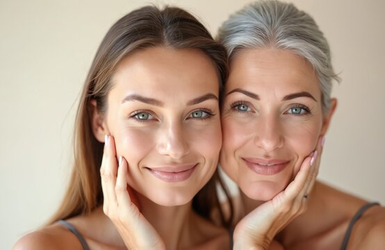 Headshot portrait two women with perfect skin. Young and senior female beauty close-up. Happy smiling faces, healthy fresh clean skin, anti-aging facial treatment, spa, wellness, cosmetology. - Powered by Adobe