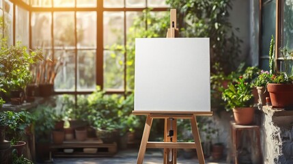 Blank canvas on easel in a sunlit greenhouse