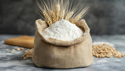Paper bag with wheat flour on grey wooden table near wall