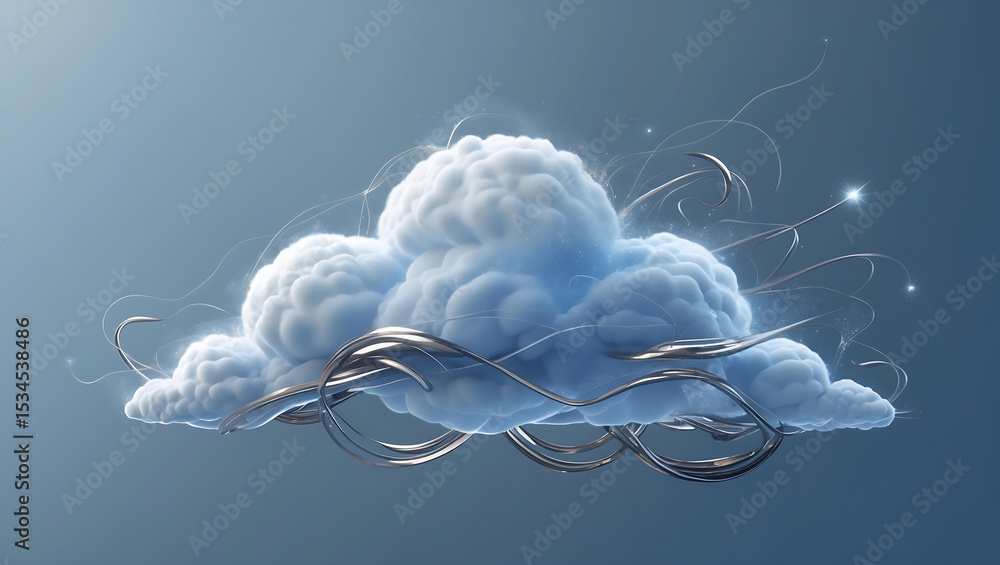 Poster abstract cloud with silver lines and sparkling light elements on a soft blue background