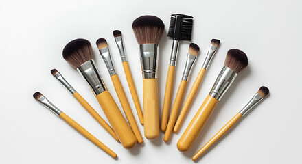 Collection of professional makeup brushes with wooden handles arranged on a white surface