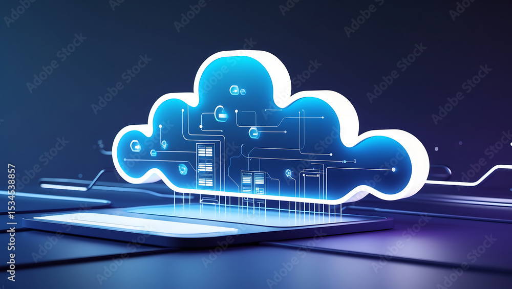 Poster cloud computing concept illustrated with futuristic cloud and circuitry on a tablet device