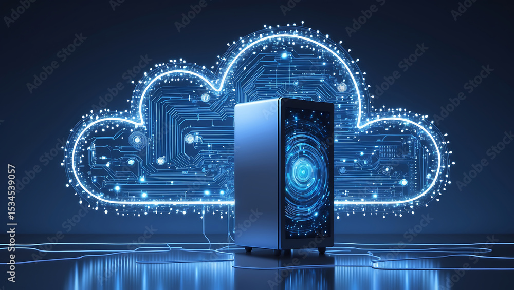 Poster cloud computing server technology illustration with digital network and futuristic blue lighting.