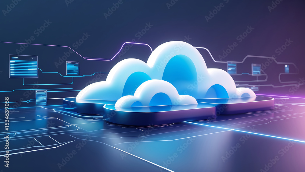 Poster cloud computing technology concept depicted by 3d rendered cloud shapes with glowing lights