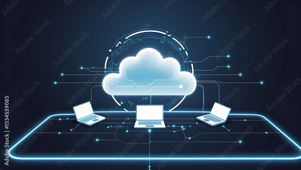 Poster cloud computing technology conceptual illustration with connected laptops and futuristic design