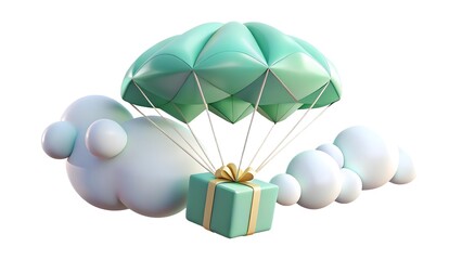 3d render of a gift box parachuting through clouds representing delivery or surprise
