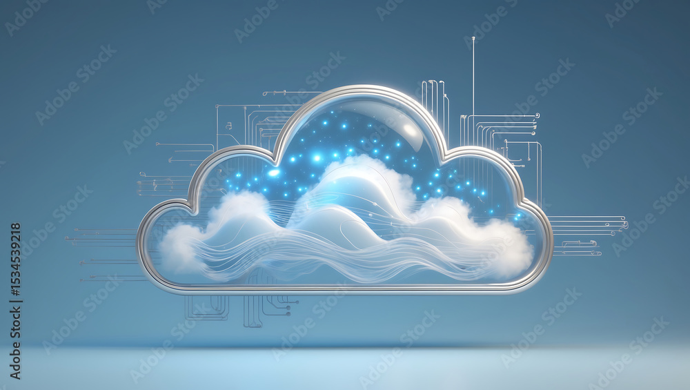 Aufkleber conceptual depiction of cloud computing data storage with silver lining and neon lights.