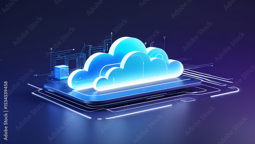 Poster futuristic 3d illustration of cloud computing representing data storage and technology