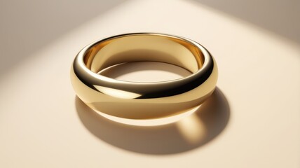 A gold ring rests on a beige surface bathed in soft diffused light creating subtle shadows