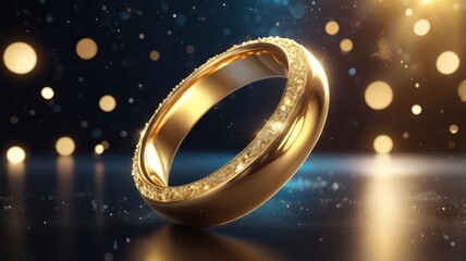 A golden ring stands against a bokeh backdrop